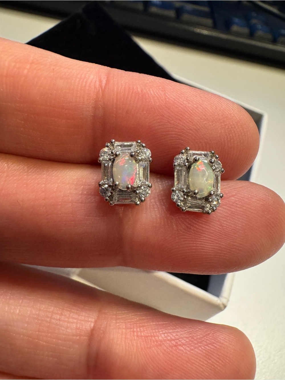 Opal 925 Sterling silver and White Stone Halo Stud Earrings - White Gold Tone